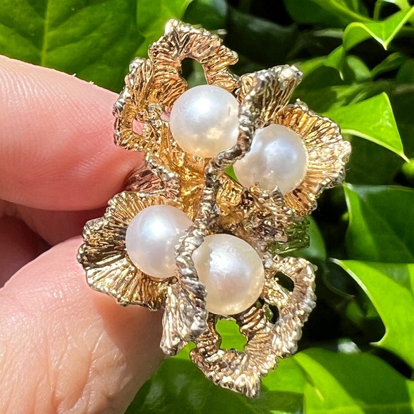 VINTAGE LARGE PEARL RING BRUTALIST MODERNIST GILDED STERLING SILVER STATEMENT